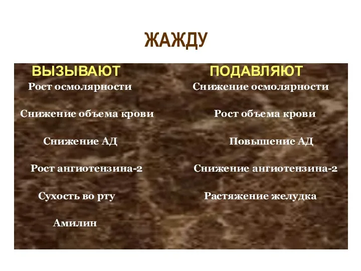 ЖАЖДУ ВЫЗЫВАЮТ ПОДАВЛЯЮТ Рост осмолярности Снижение осмолярности Снижение объема крови