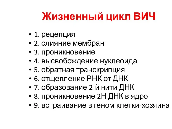 Жизненный цикл ВИЧ 1. рецепция 2. слияние мембран 3. проникновение