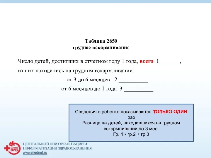 Таблица 2650 грудное вскармливание Сведения о ребенке показываются ТОЛЬКО ОДИН