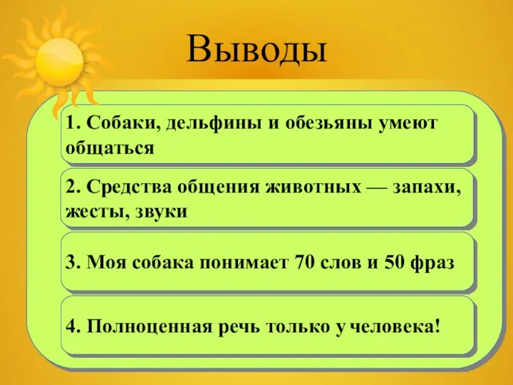 Выводы 1. Собаки, дельфины и обезьяны умеют общаться 2. Средства