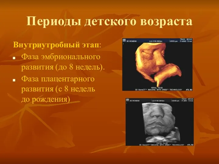 Периоды детского возраста Внутриутробный этап: Фаза эмбрионального развития (до 8