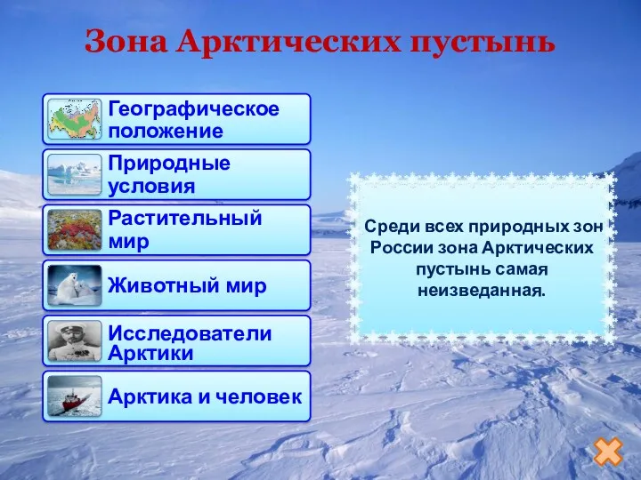 Зона Арктических пустынь Среди всех природных зон России зона Арктических пустынь самая неизведанная.