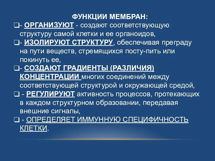 ФУНКЦИИ МЕМБРАН: - ОРГАНИЗУЮТ - создают соответствующую структуру самой клетки