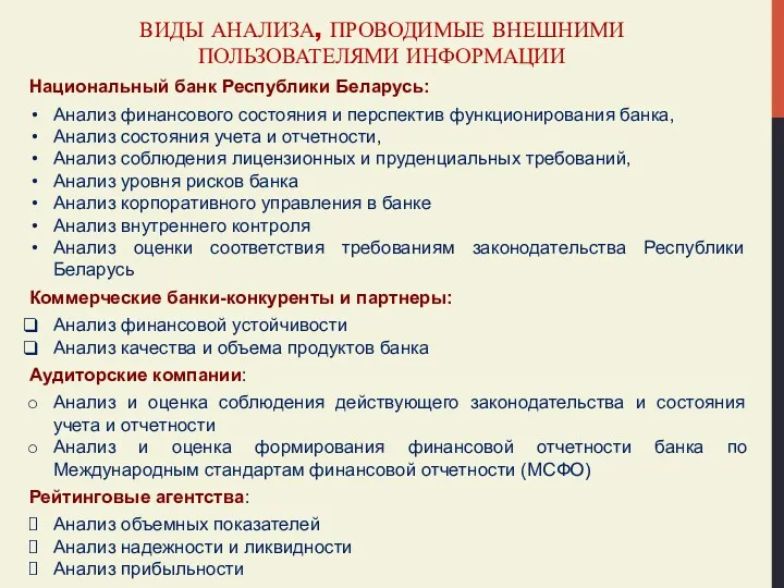 ВИДЫ АНАЛИЗА, ПРОВОДИМЫЕ ВНЕШНИМИ ПОЛЬЗОВАТЕЛЯМИ ИНФОРМАЦИИ Национальный банк Республики Беларусь: