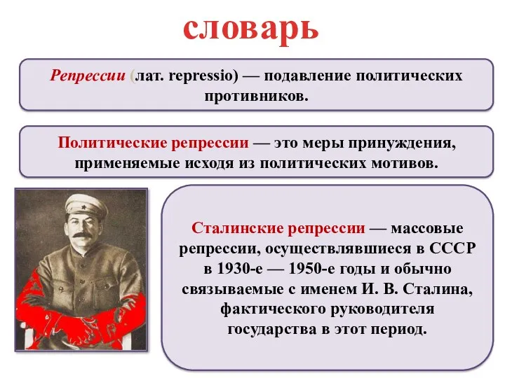 Репрессии (лат. repressio) — подавление политических противников. Сталинские репрессии —