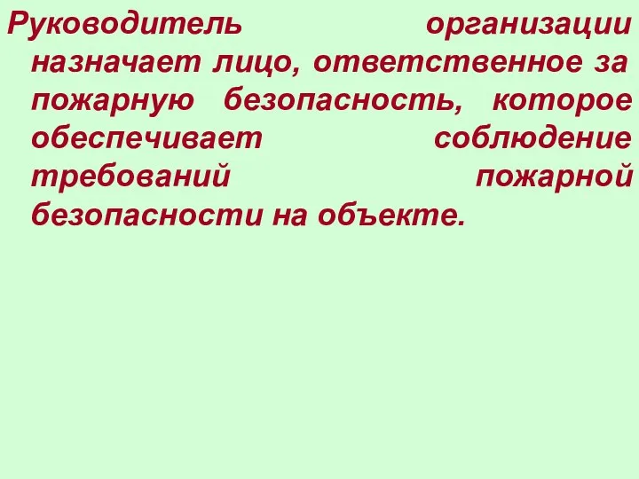 Руководитель организации назначает лицо, ответственное за пожарную безопасность, которое обеспечивает соблюдение требований пожарной безопасности на объекте.