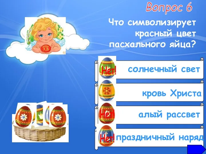 Вопрос 6 Что символизирует красный цвет пасхального яйца? солнечный свет