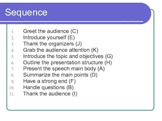 Sequence Greet the audience (C) Introduce yourself (E) Thank the organizers (J) Grab