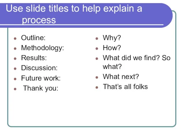 Use slide titles to help explain a process Outline: Methodology: Results: Discussion: Future