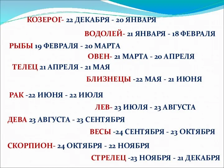 КОЗЕРОГ- 22 ДЕКАБРЯ - 20 ЯНВАРЯ ВОДОЛЕЙ- 21 ЯНВАРЯ - 18 ФЕВРАЛЯ РЫБЫ