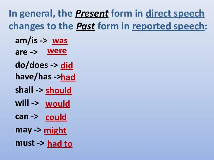 In general, the Present form in direct speech changes to