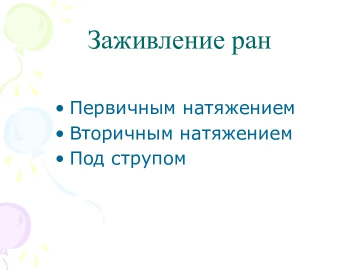 Заживление ран Первичным натяжением Вторичным натяжением Под струпом