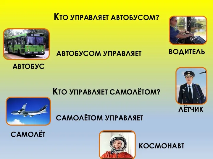 КОСМОНАВТ ЛЁТЧИК КТО УПРАВЛЯЕТ САМОЛЁТОМ? ВОДИТЕЛЬ АВТОБУС САМОЛЁТ КТО УПРАВЛЯЕТ АВТОБУСОМ? АВТОБУСОМ УПРАВЛЯЕТ САМОЛЁТОМ УПРАВЛЯЕТ