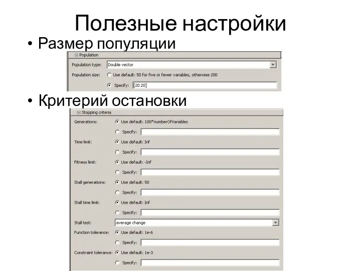 Полезные настройки Размер популяции Критерий остановки