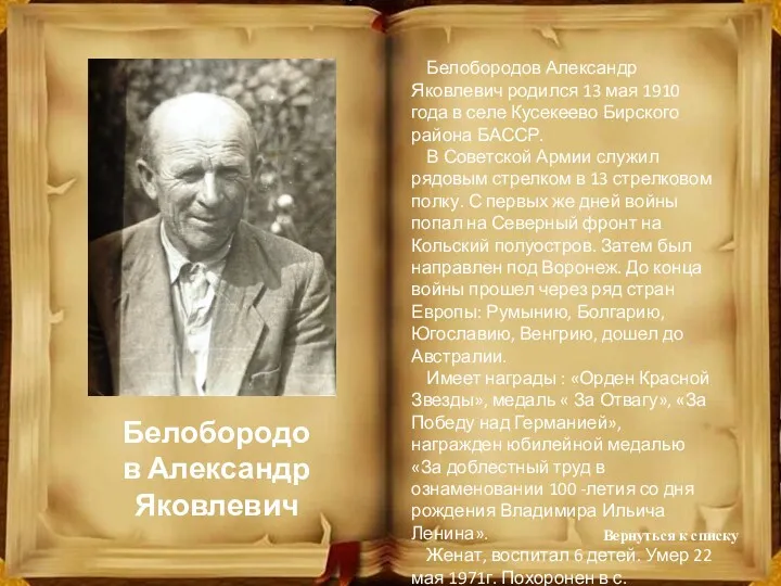 Белобородов Александр Яковлевич Белобородов Александр Яковлевич родился 13 мая 1910