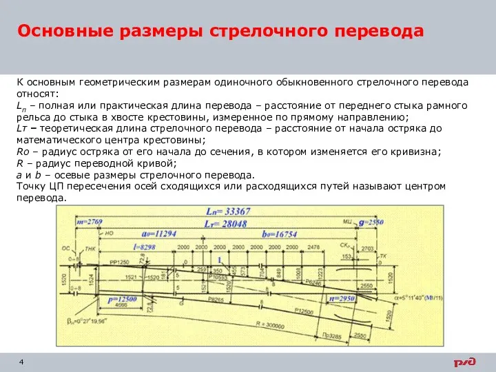 К основным геометрическим размерам одиночного обыкновенного стрелочного перевода относят: Lп – полная или