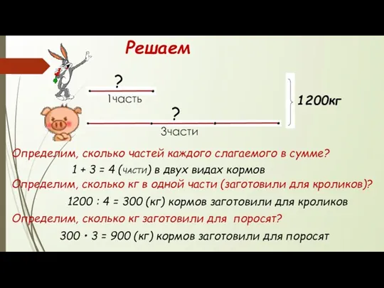 Решаем 1200кг ? ? Определим, сколько частей каждого слагаемого в