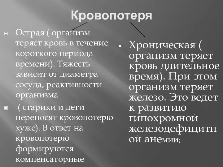 Кровопотеря Острая ( организм теряет кровь в течение короткого периода