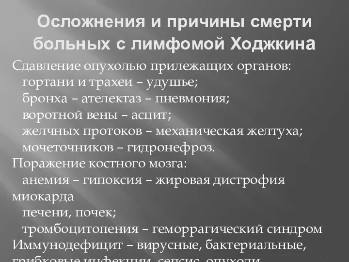 Осложнения и причины смерти больных с лимфомой Ходжкина Сдавление опухолью