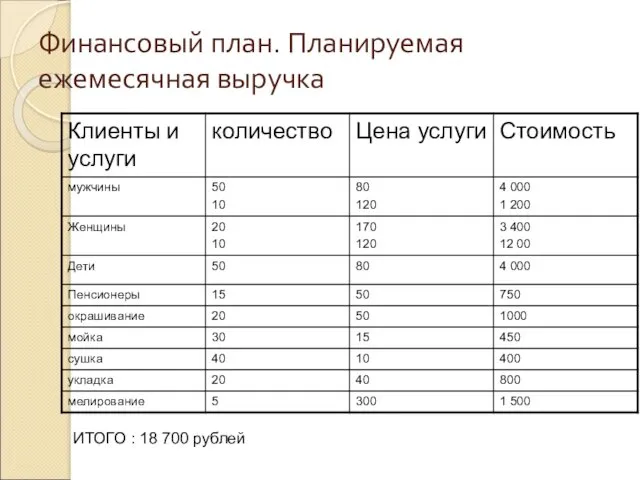 Финансовый план. Планируемая ежемесячная выручка ИТОГО : 18 700 рублей