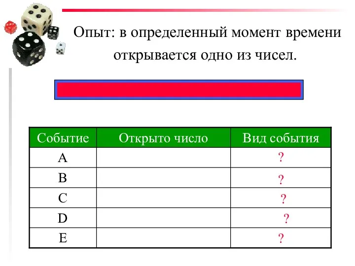 Опыт: в определенный момент времени открывается одно из чисел. ? ? ? ? ?