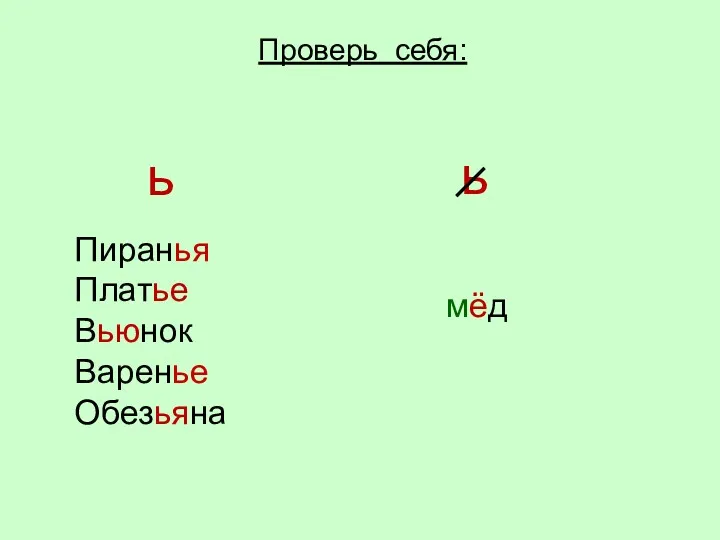 Пиранья Платье Вьюнок Варенье Обезьяна Проверь себя: мёд ь ь