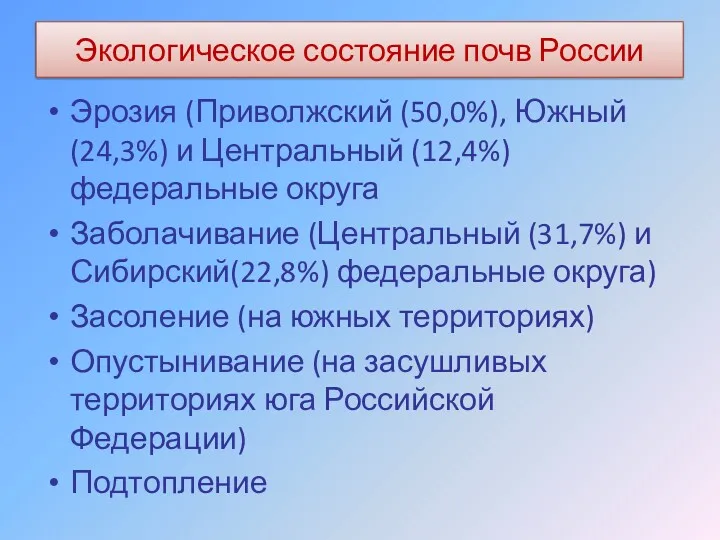 Экологическое состояние почв России Эрозия (Приволжский (50,0%), Южный(24,3%) и Центральный