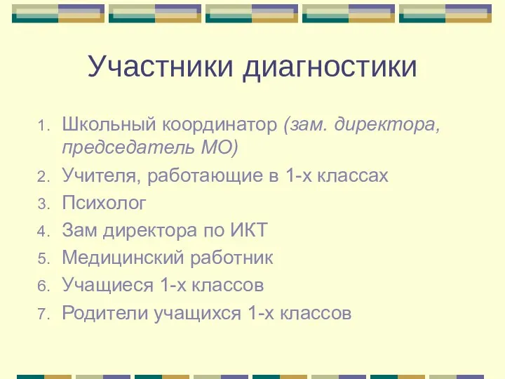 Участники диагностики Школьный координатор (зам. директора, председатель МО) Учителя, работающие