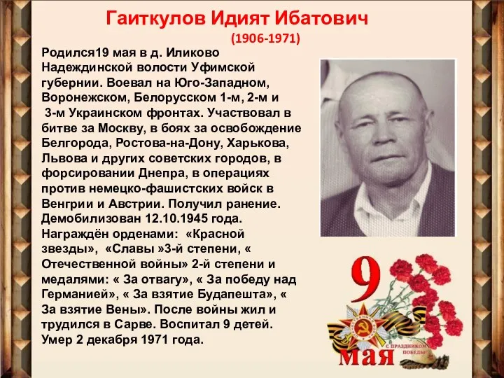 Гаиткулов Идият Ибатович (1906-1971) Родился19 мая в д. Иликово Надеждинской