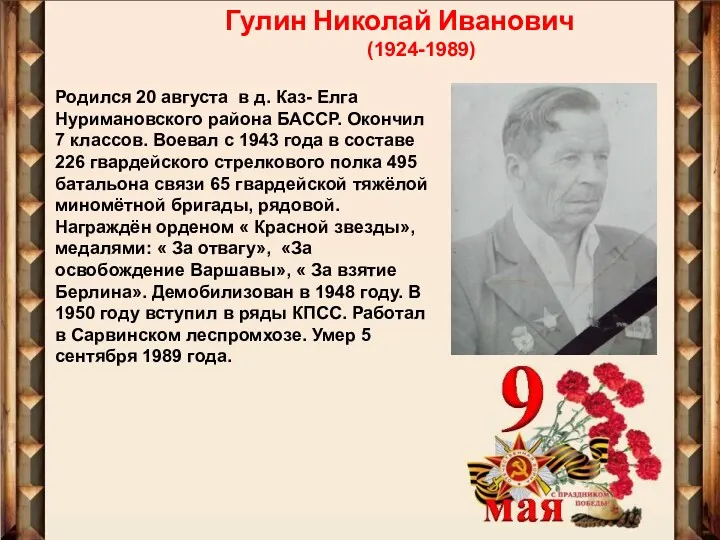 Гулин Николай Иванович (1924-1989) Родился 20 августа в д. Каз-