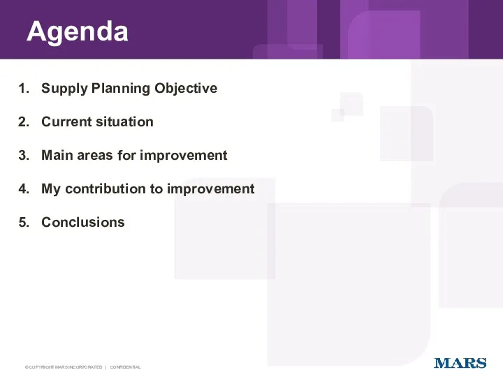 Agenda Supply Planning Objective Current situation Main areas for improvement My contribution to improvement Conclusions