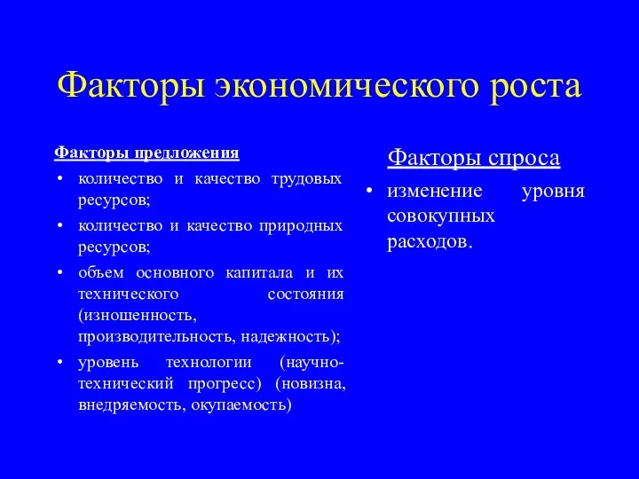 Факторы экономического роста Факторы предложения количество и качество трудовых ресурсов;