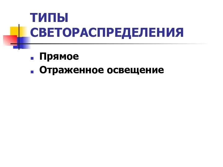 ТИПЫ СВЕТОРАСПРЕДЕЛЕНИЯ Прямое Отраженное освещение