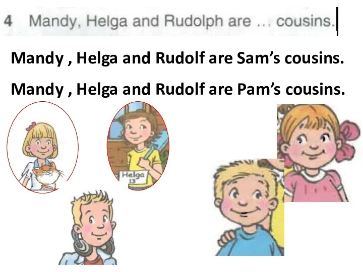 Mandy , Helga and Rudolf are Sam’s cousins. Mandy , Helga and Rudolf are Pam’s cousins.