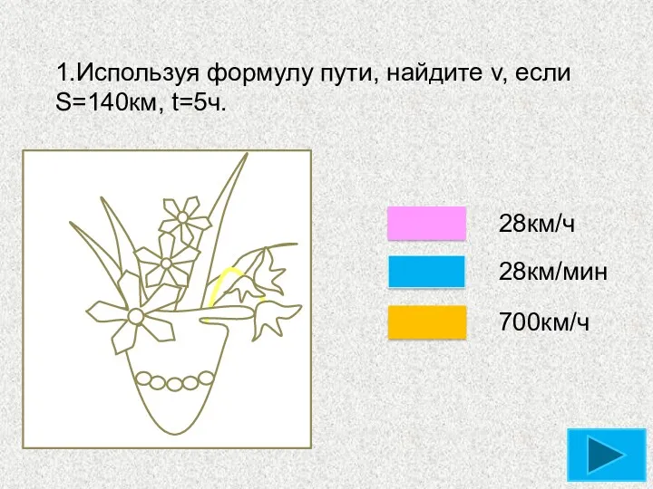 1.Используя формулу пути, найдите v, если S=140км, t=5ч. 28км/ч 28км/мин 700км/ч