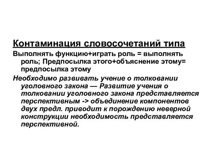 Контаминация словосочетаний типа Выполнять функцию+играть роль = выполнять роль; Предпосылка