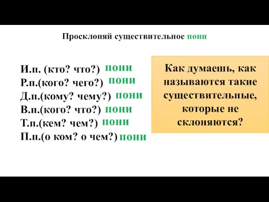 Просклоняй существительное пони И.п. (кто? что?) Р.п.(кого? чего?) Д.п.(кому? чему?)