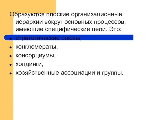 Образуются плоские организационные иерархии вокруг основных процессов, имеющие специфические цели.