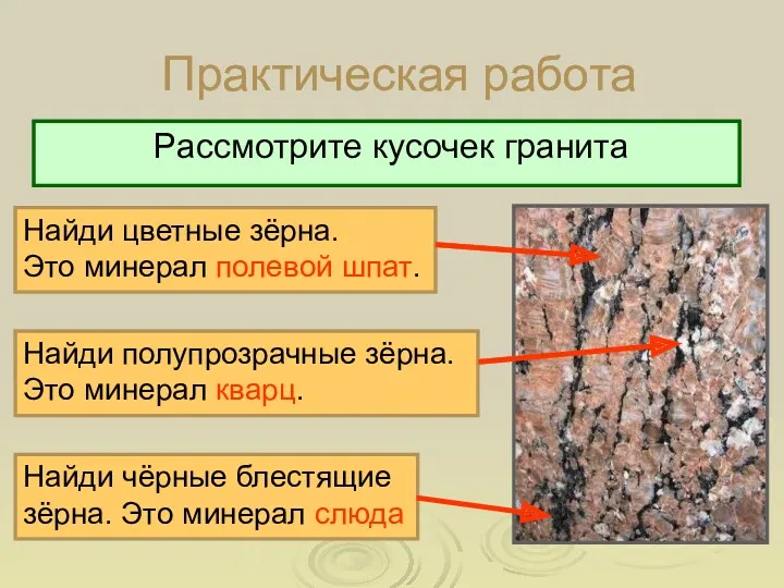 Практическая работа Рассмотрите кусочек гранита Найди цветные зёрна. Это минерал