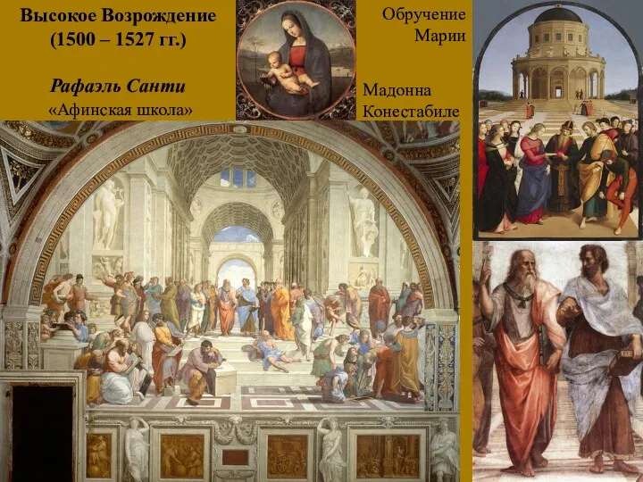 Высокое Возрождение (1500 – 1527 гг.) Рафаэль Санти «Афинская школа» Обручение Марии Мадонна Конестабиле