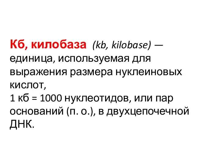 Кб, килобаза (kb, kilobase) — единица, используемая для выражения размера нуклеиновых кислот, 1