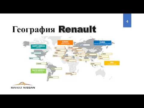 География Renault NORTH AMERICA (NISSAN) SOUTH AMERICA (RENAULT/NISSAN) EUROPE (RENAULT/NISSAN) ASIA (RENAULT/NISSAN) RUSSIA (AVTOVAZ-RENAULT-NISSAN) (ARNPO)