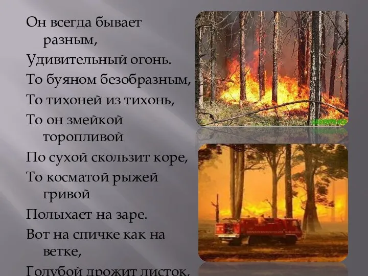 Он всегда бывает разным, Удивительный огонь. То буяном безобразным, То