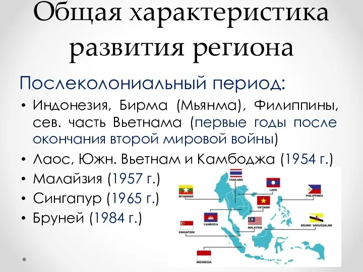 Общая характеристика развития региона Послеколониальный период: Индонезия, Бирма (Мьянма), Филиппины, сев. часть Вьетнама