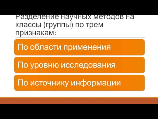 Разделение научных методов на классы (группы) по трем признакам: