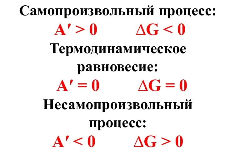 Самопроизвольный процесс: A′ > 0 ∆G Термодинамическое равновесие: A′ =