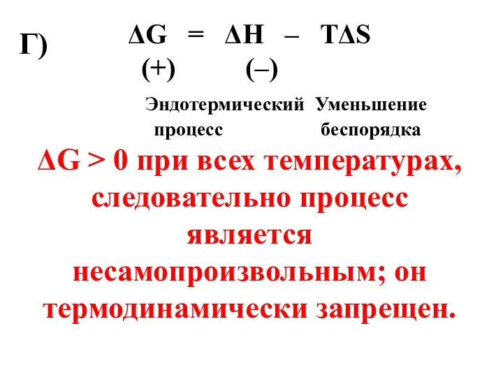 ΔG = ΔН – ТΔS (+) (–) Эндотермический Уменьшение процесс