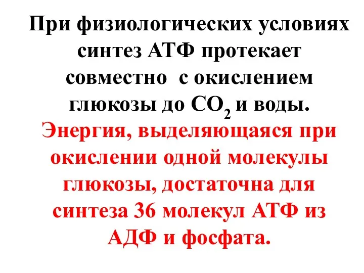 При физиологических условиях синтез АТФ протекает совместно с окислением глюкозы