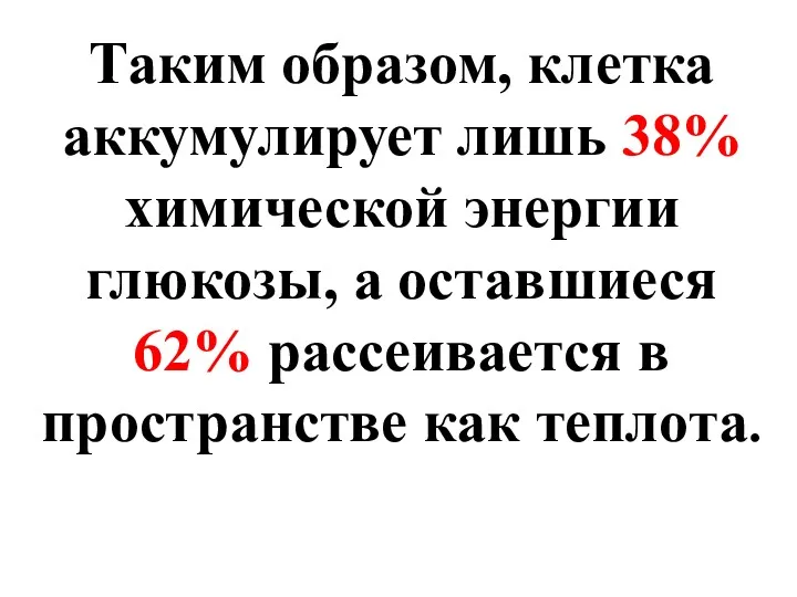 Таким образом, клетка аккумулирует лишь 38% химической энергии глюкозы, а