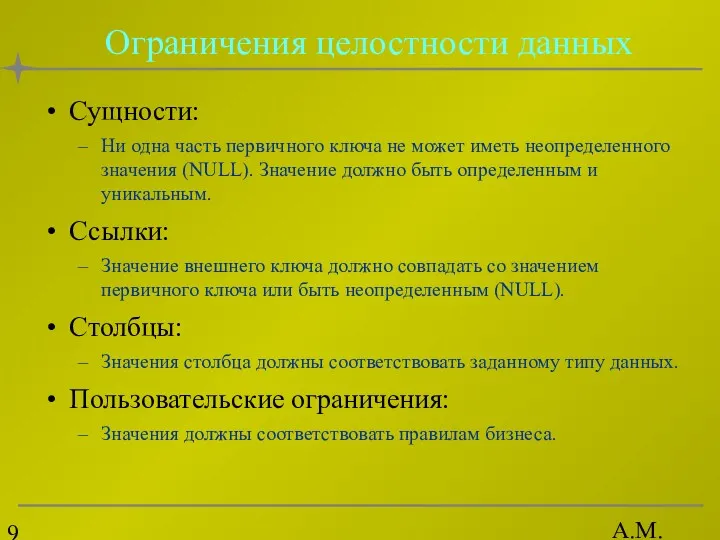 А.М. Гудов Ограничения целостности данных Сущности: Ни одна часть первичного